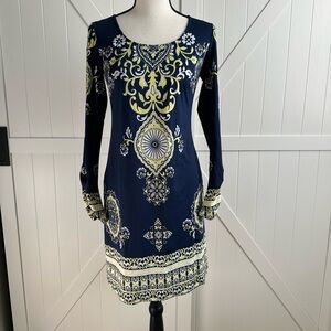 INC International Concepts Navy & Yellow Printed Shift Dress Size XS